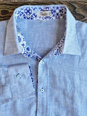 Vanity Made in Italy 100% Linen Button-Up Shirt Long Sleeve Light Blue